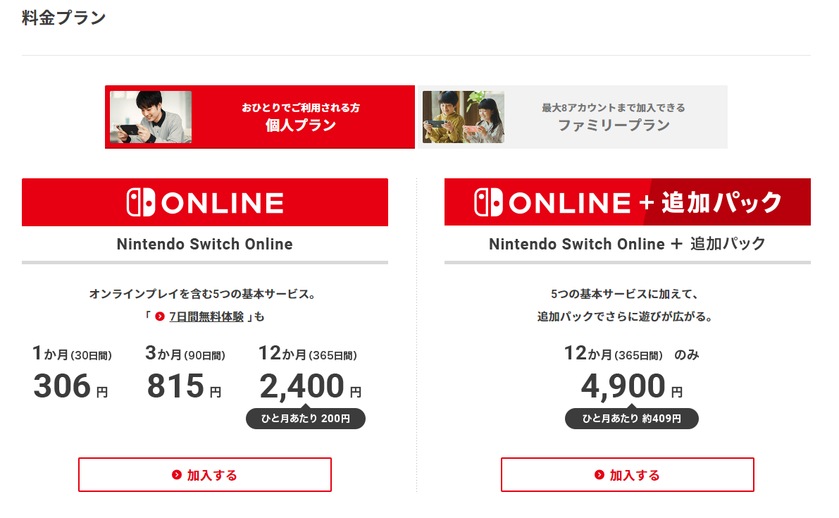 Nintendo Switch Onlineの料金プラン